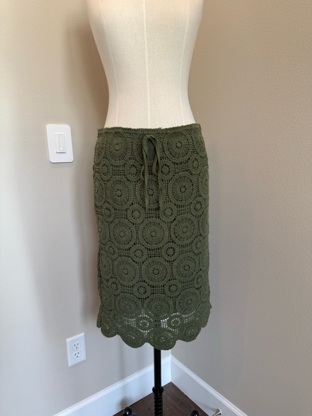 Olive Crochet Midi Skirt with Faux Drawstring Waist